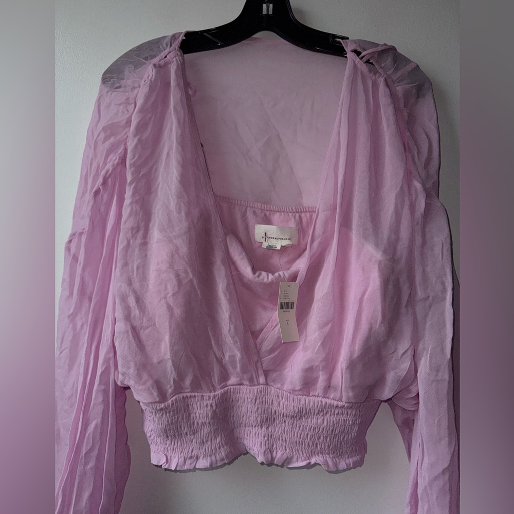 Anthropologie Pale Lilac Sheer Peasant Blouse with Smocked Waist - Picture 11 of 14